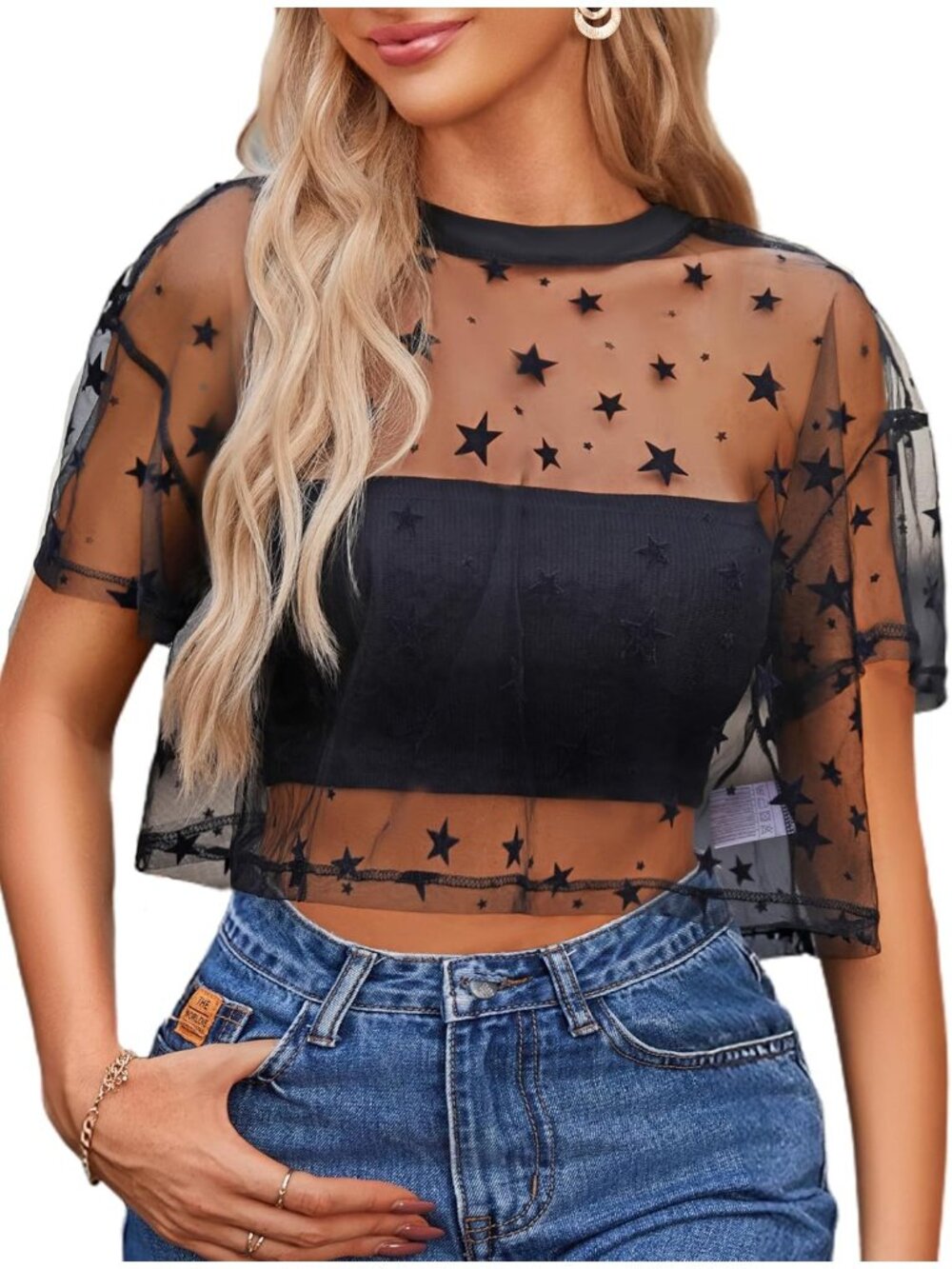 Women 01 Black Star Polyester Mesh Top Sheer Blouse Clubwear Short Sleeve Shirt